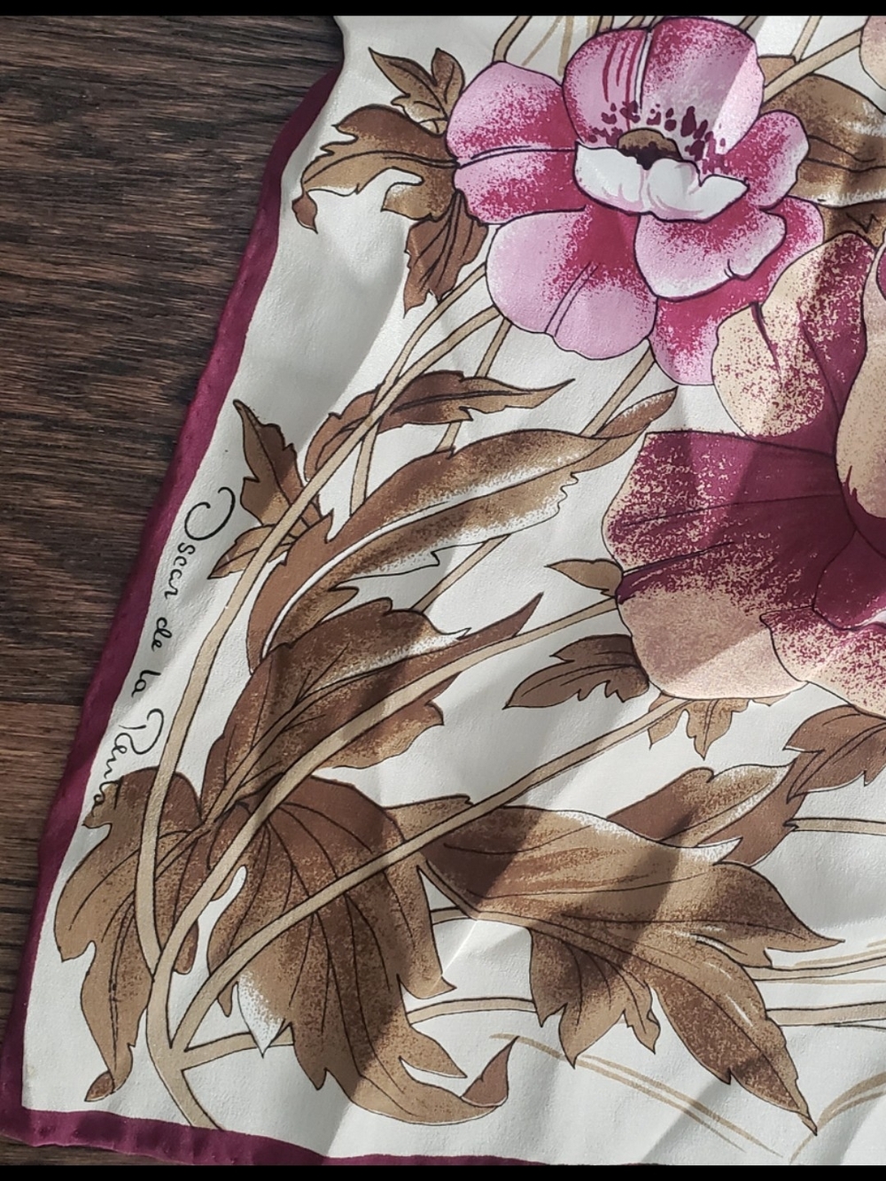 Oscar de la Renta Pink, Brown & Cream Floral Silk Scarf( 100% Silk)